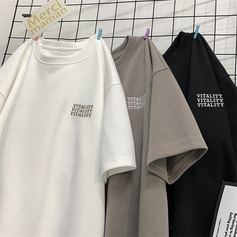 260g重磅抖音品质港风宽松刺绣短袖男T恤X416b-1-DT392-P35限48,男装T恤,星座416B-1