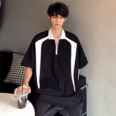 夏季cleanfit撞色拼接美式潮牌嘻哈半拉链T恤男POLO衫T903-P38，男装Polo衫，电商C307
