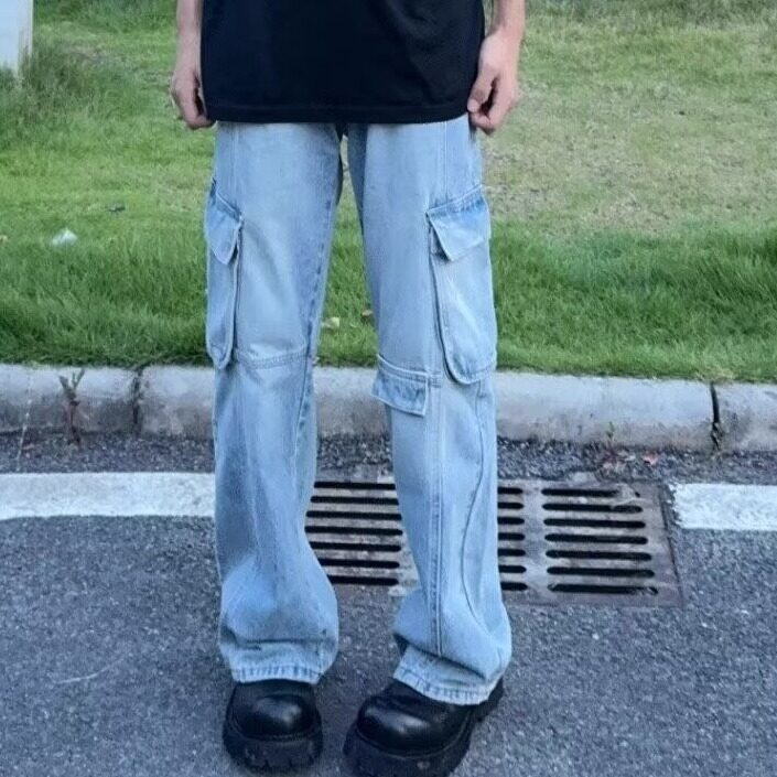 D7789-P60美式立体拼接口袋直筒牛仔裤嘻哈重磅长裤男女-网图现货,男装牛仔裤,星座603-2