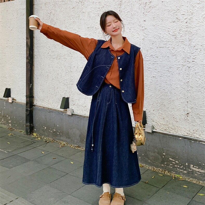 【首-发新款】复古牛仔马甲套装裙衬衫三件套212-1829-P165-K225,女装套装/套裙,浙宝285（原212）