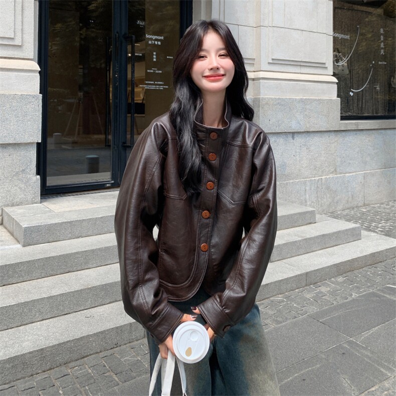 复古美式皮衣外套2025秋季新款女设计感小众宽松休闲百搭夹克上衣,女装短外套,2C170