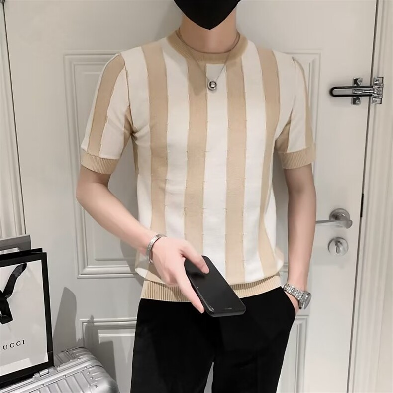 竖条纹短袖针织衫男春夏季潮牌打底衫男装上衣服简约半袖体恤S250,男装针织衫/毛衣,星座1116A-2（原606A-1）