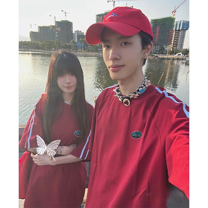 抖音得物高品质二开240克宽松纯棉美式潮牌三条杠织带短袖T恤,男装T恤,电商A486-1