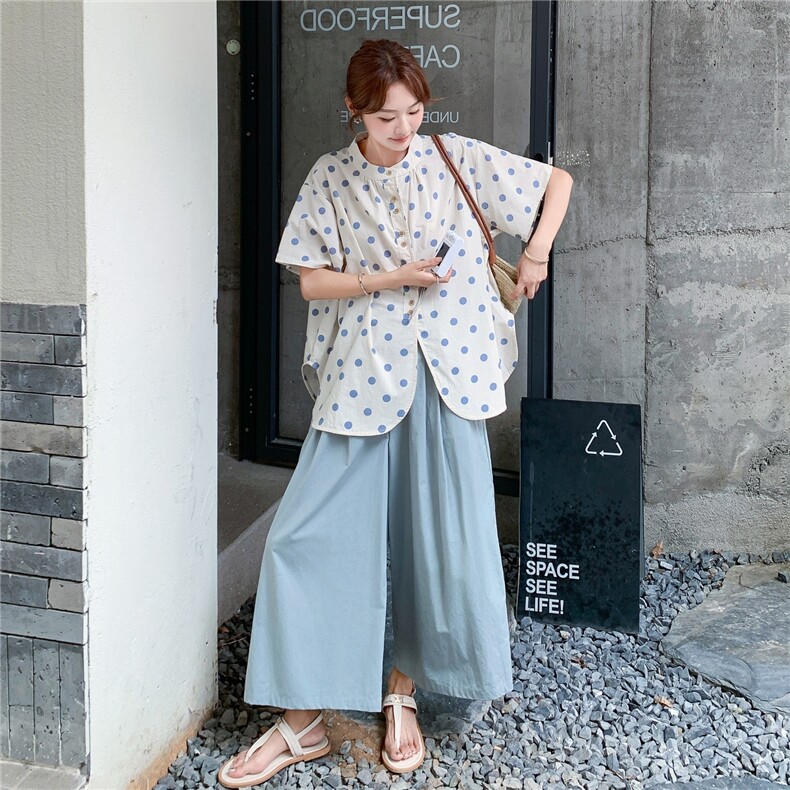 蓝色波点衬衫阔腿裤套装女夏2025新款日系两件套小个子流行超火,女装套装/套裙,2C201