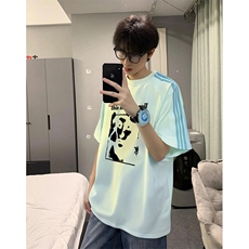 抖音得物品质二开240克宽松纯棉美式潮牌印花三条杠中性风短袖T恤，男装T恤，电商A486