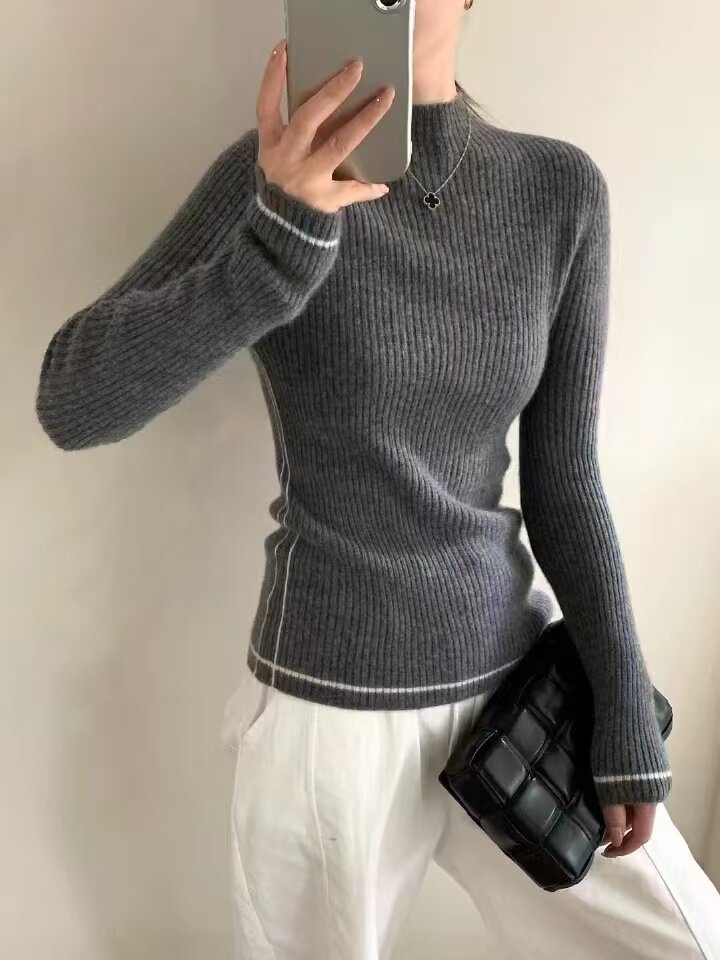 半高领山羊绒衫女修身显瘦内搭毛衣套头短款紧身羊毛针织打底衫,女装羊毛衫,半城羊绒
