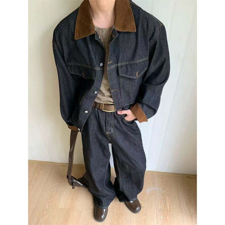 美式潮牌复古巴恩风黑色牛仔外套工装vintage翻领夹克男J96-P85,男装工装外套,星座310A-4