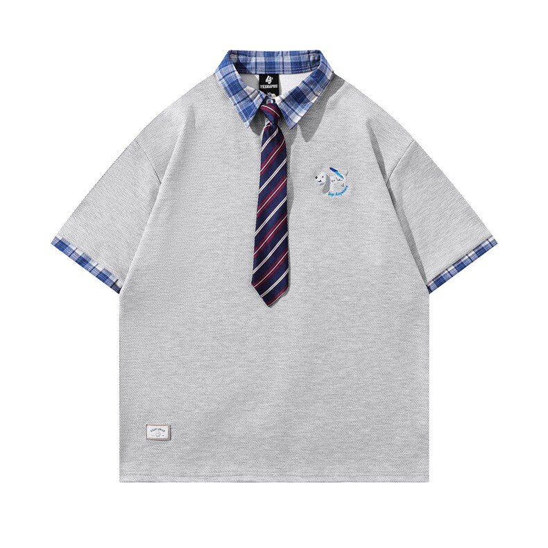 Polo衫短袖T恤男女夏潮流复古学院风格子拼接小狗刺绣T819P65,男装T恤,星座201-2