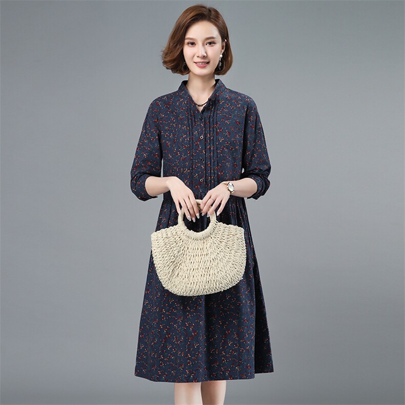 2021春季新款简约时尚舒适立领中长款休闲碎花连衣裙,女装连衣裙,小林双子