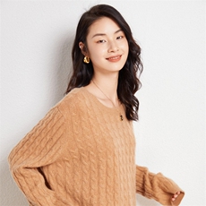 秋冬季新款麻花圆领套头毛衣女宽松显瘦长袖35%羊绒衫，女装羊绒衫，兰皓羊绒