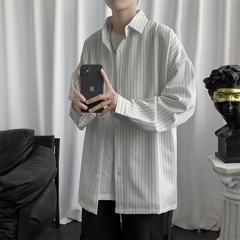 春季港风条纹衬衫外套男日系休闲宽松潮流长袖衬衣W6974-P32,男装衬衫,星座512-2