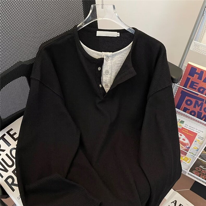 新款假两件长袖t恤男女装秋季oversize宽松休闲打底上衣Y2800/P45图片