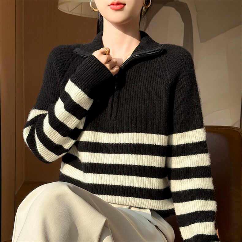 女士秋冬羊毛衫羊毛拉链半开领条纹简约，女装羊毛衫，狄美羊绒