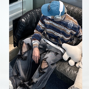 秋冬高街风男女同款条纹套头毛衣秋冬保暖圆领针织衫 23M01-P70图片