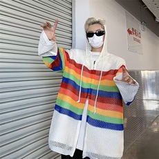 多巴胺条纹镂空针织开衫男潮牌宽松连帽长袖T恤上衣B6022/P50，男装T恤，星座506