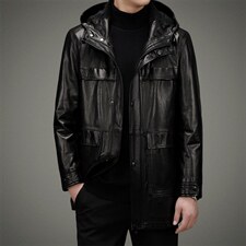 DLSN225002新款羽绒皮衣男头层山羊皮风衣连帽商务男装P1100，男装皮衣，电商B360