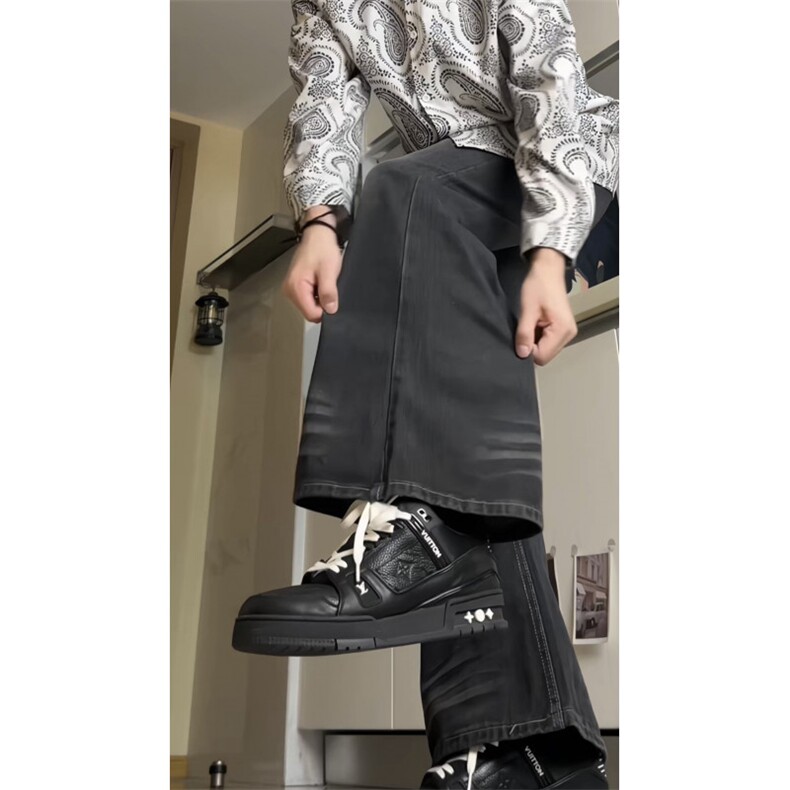 美式复古水洗黑灰微喇叭牛仔裤高街vibe修身显瘦直筒裤GJ380P55,男装牛仔裤,电商D256-1(原A064-1)