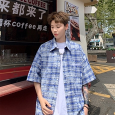 2026夏美式扎染刺绣格子短袖衬衫衬衣五分袖CS1806/特P35蓝色5，男装T恤，电商A094