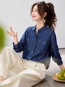 2026早春新款复古蓝牛仔衬衫女宽松显瘦双口袋衬衣百搭叠穿韩系图片