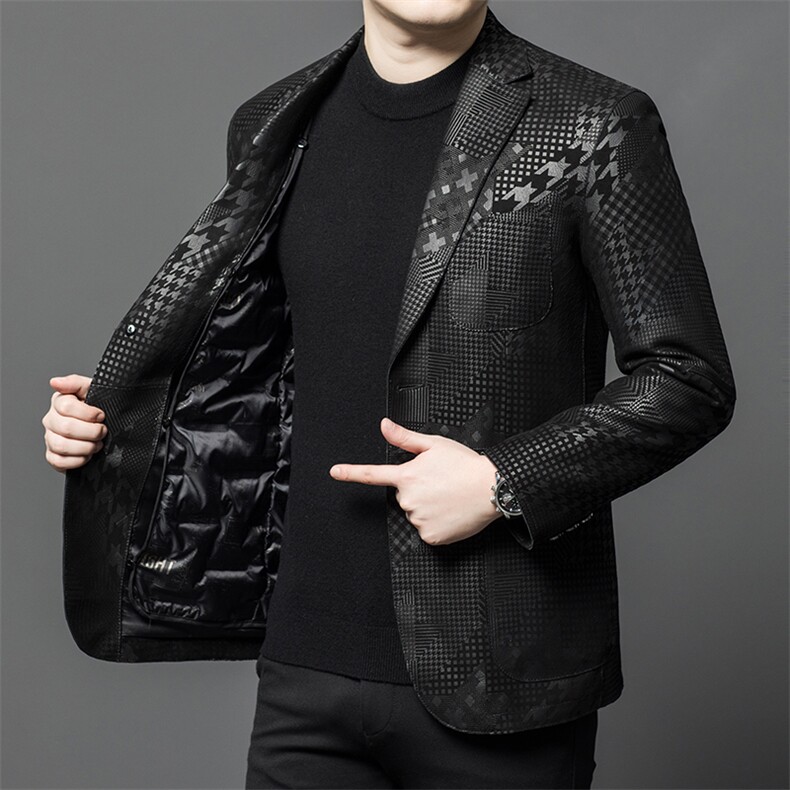 高端轻奢真皮绵羊皮羽绒服西装男脱卸羽绒内胆绵羊皮西服皮衣外套图片