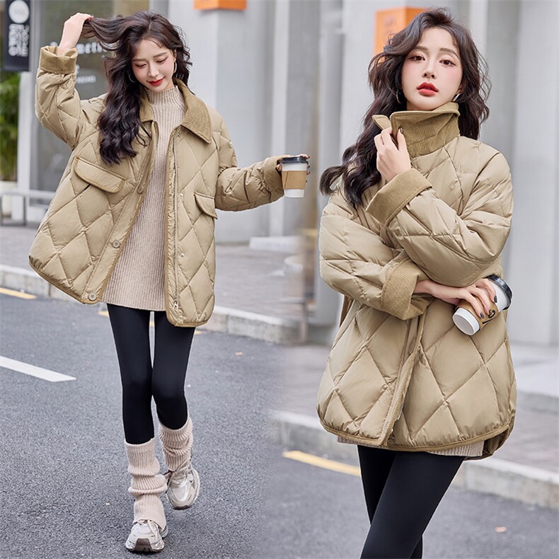现货设计感灯芯绒领拼接羽绒服女短款2024冬季新款加厚保暖外套,女装羽绒服,仟媚宠