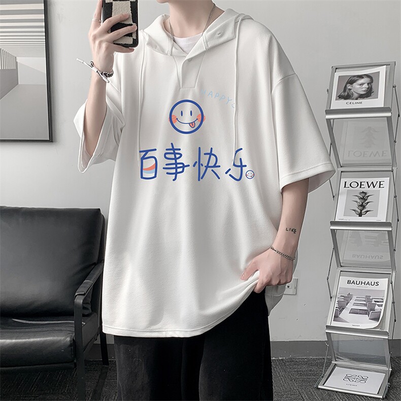 LD54183-P45 连帽短袖t恤男大码胖子带帽五分袖中袖 大皂风图片