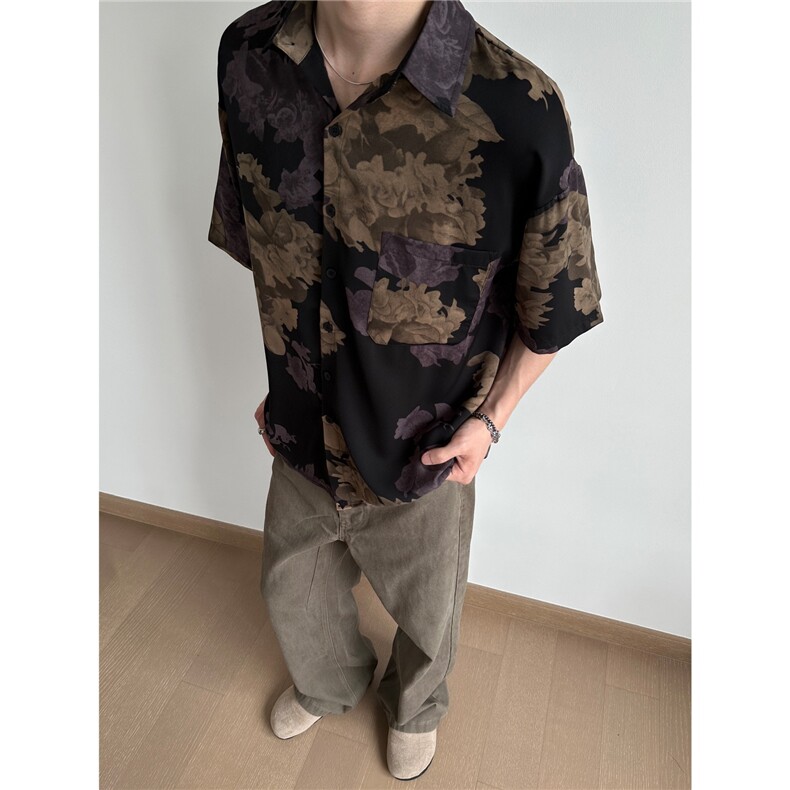 潮牌花色短袖衬衫男高级感冰丝2025新款夏季潮流衬衣AA6722-P34,男装T恤,星座208-5