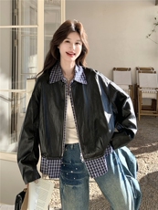 设计感假两件格纹拼接皮衣短外套女2026春季新款宽松休闲显瘦夹克，女装皮衣，艾米莉亚