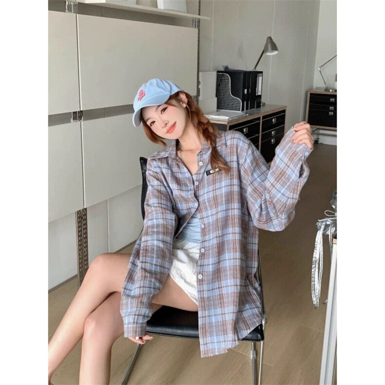 TC598-P45格纹衬衫女夏季2026新款韩系宽松懒惰风衬衣防晒上衣，女装衬衫，星座617A-2