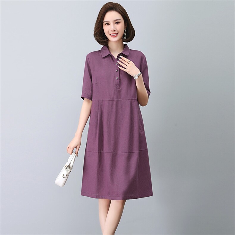 棉麻连衣裙女夏季2025新款大码宽松显瘦法式气质妈妈亚麻衬衫裙子,女装连衣裙,忆绮罗