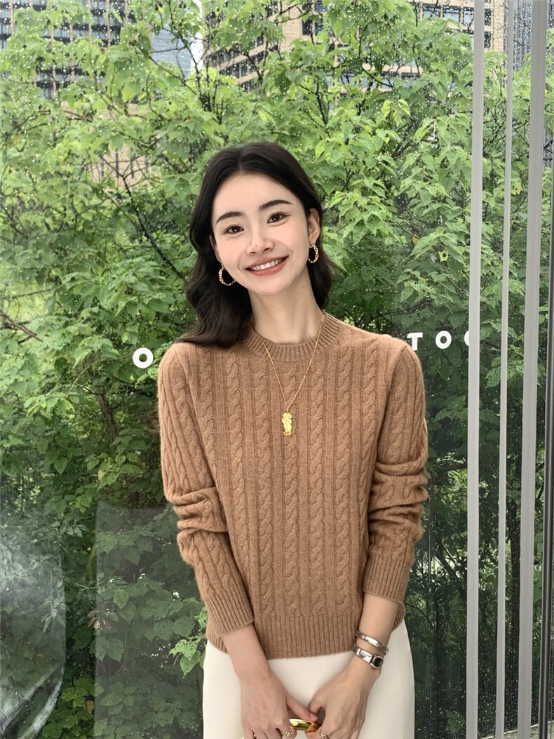 圆领针织衫女秋冬新款修身套头纯色上衣,针织衫/毛衣,玛卡隆羊绒