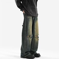 wassuphappy破洞牛仔裤男春秋季潮流高级感阔腿裤夏款休闲长裤子，男装牛仔裤，星座302B