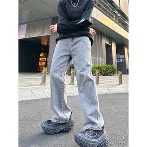 美式高街vibe风直筒长裤欧美痞帅男hiphop复古水洗拼接工装牛仔裤图片