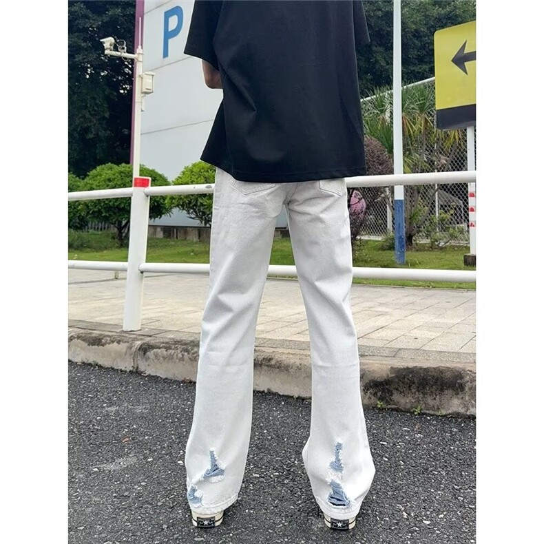 K7116-P50白色牛仔裤男新款美式高街cleanfit裤子破洞直筒,男装牛仔裤,电商B323A