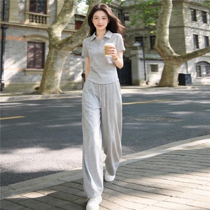 女夏季新款时尚休闲套装修身显瘦翻领纽扣短袖上衣阔腿长裤两件套图片