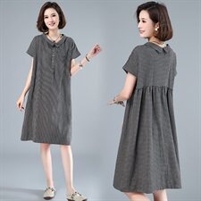 清仓捡漏专柜外贸剪标女文艺复古格子棉麻连衣裙宽松亚麻衬衫裙子，女装连衣裙，江忆布依