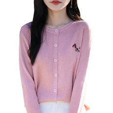春秋精纺羊毛针织开衫女圆领坑条小马刺绣毛衣高级感宽松外套上衣，女装针织衫/毛衣，佳绒包芯纱店