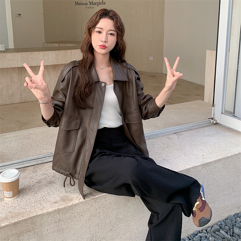 港风复古咖色翻领皮衣外套女春秋2025新款甜酷风爆款高级感PU夹克,女装皮衣,2C256