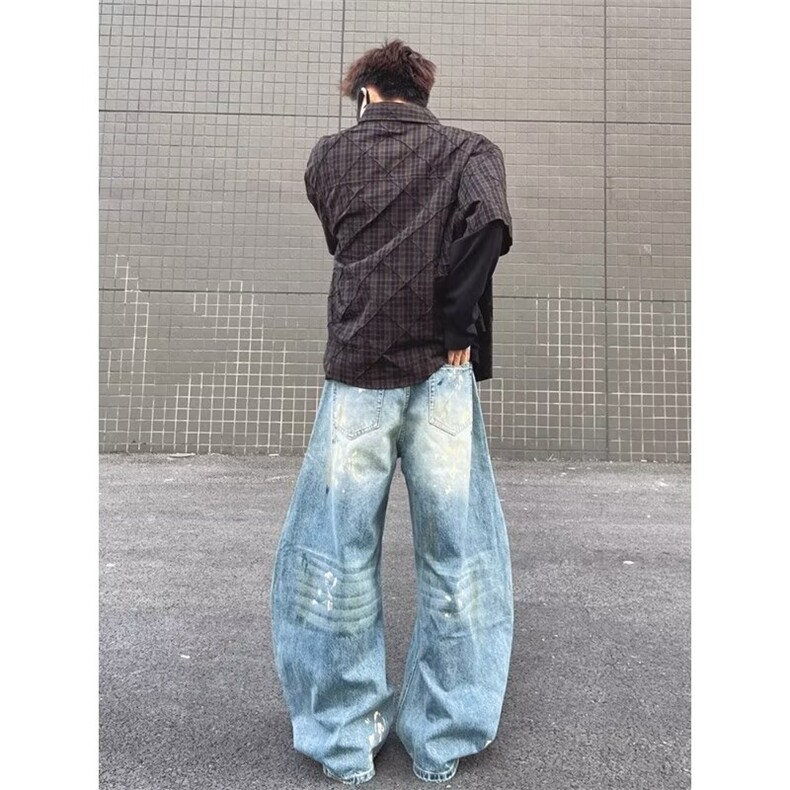 美式复古泼墨弯刀牛仔裤男女小众设计感宽松阔腿休闲裤LB3700-P55,男装牛仔裤,星座1008