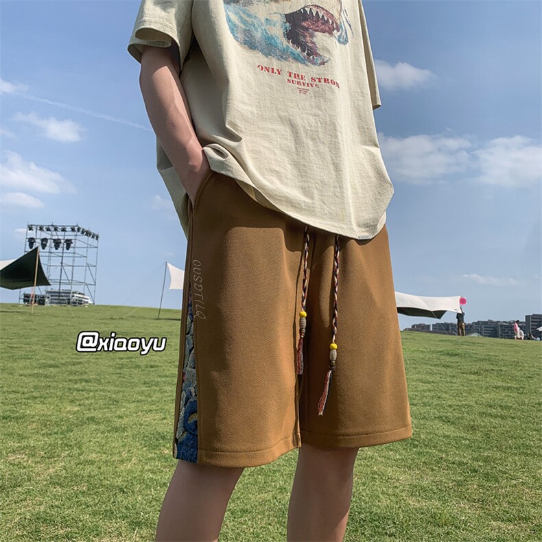 中国风刺绣短裤男夏季薄款宽松国潮痞帅拼接设计感小众五分运动裤,男装休闲裤,星座512A（原616）