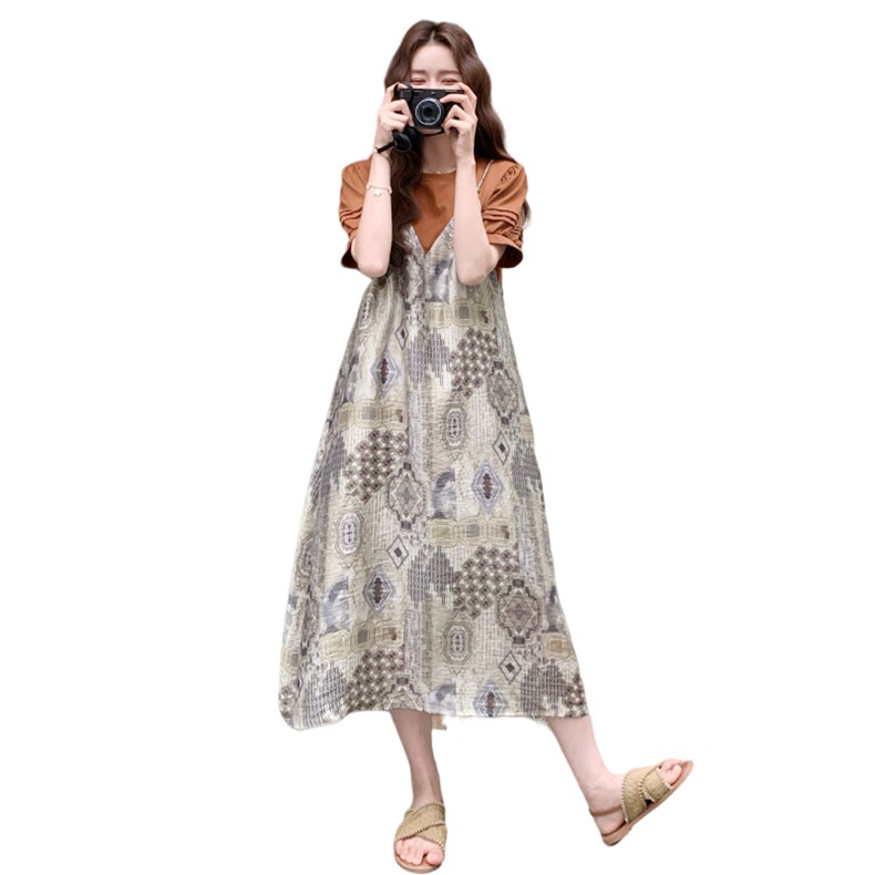 韩版印花拼接假两件连衣裙女2025夏季新款时尚独特显瘦小众长裙子,女装连衣裙,2C198