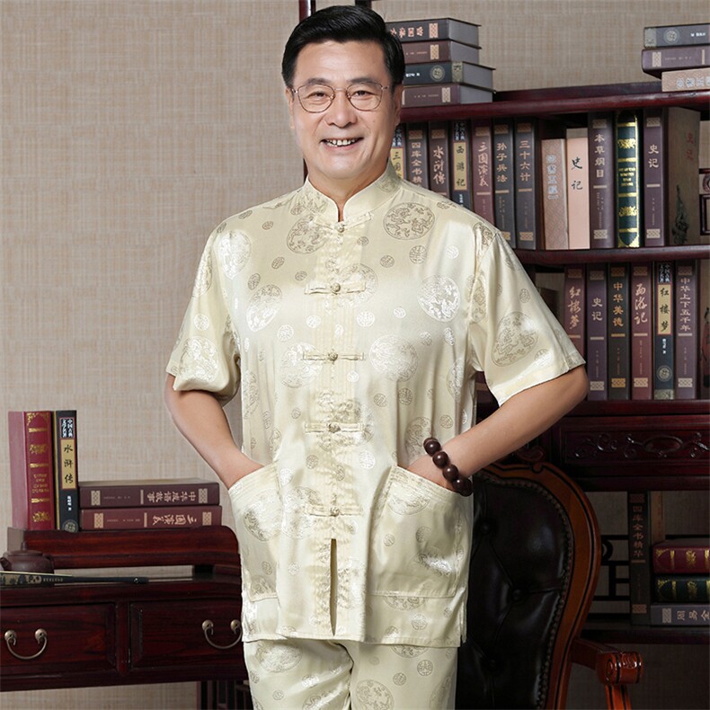 太极服男中老年唐装套装宽松绣花短袖汉服爸爸装中式冰丝薄款衬衫,男装中老年男装,钱塘723