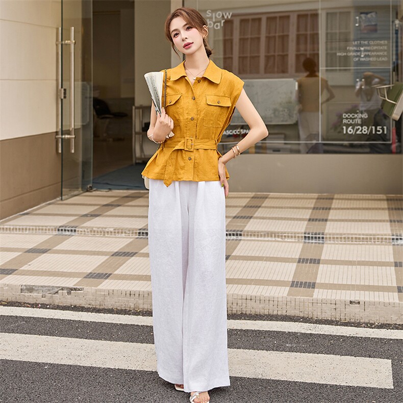 时尚通勤职场棉麻套装女2025年夏系带衬衫上衣+显瘦阔腿裤两件套,女装套装/套裙,艾仟回(原伊仟回)