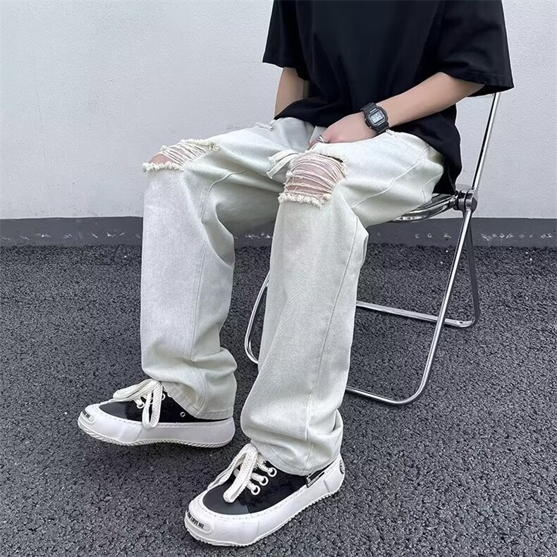美式vibe风裤子高街破洞牛仔裤男直筒宽松坠感拖地长裤N2328-P40图片