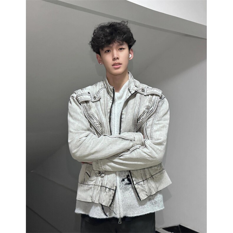 【有货】短款解构拼接牛仔外套男重工垫肩夹克JK8636CC-特P78图片