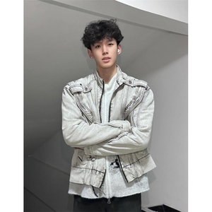 【有货】短款解构拼接牛仔外套男重工垫肩夹克JK8636CC-特P78图片