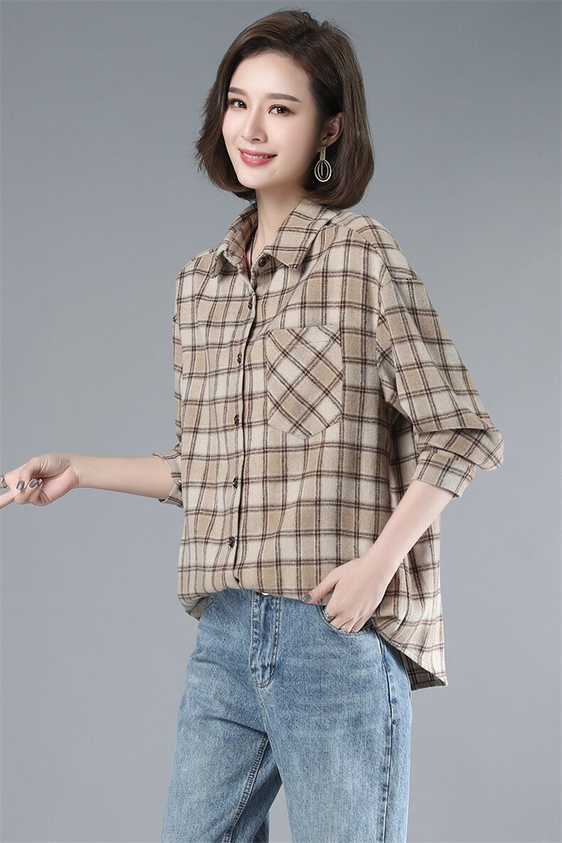 2021年春季POLO领格子衬衫女通勤韩版宽松磨毛衬衣外套,女装衬衫,伊满意