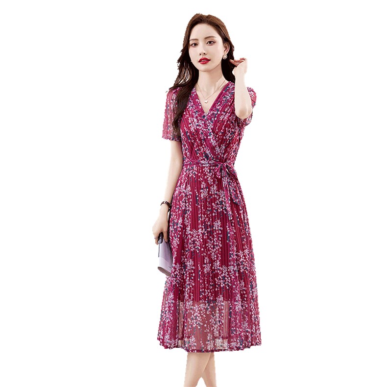 【新品】吾爱衣2418款碎花连衣裙女韩版系带收腰中长裙子,女装连衣裙,吾爱衣