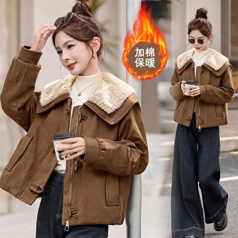 秋冬宽松超好看鹿皮绒棉服时尚减龄羊羔毛翻领夹棉加厚外套女图片