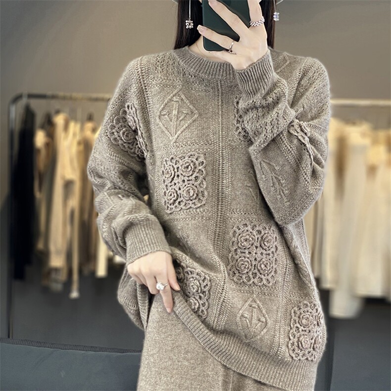 重磅加厚100%纯羊毛衫女圆领刺绣钩花针织毛衣宽松慵懒打底羊绒衫,女装羊毛衫,江南羊绒